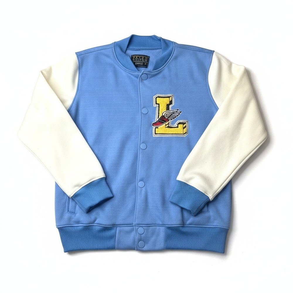 Retro Stitch Varsity Jacket M(10/12) Blue Cream Letterman Bomber Patch